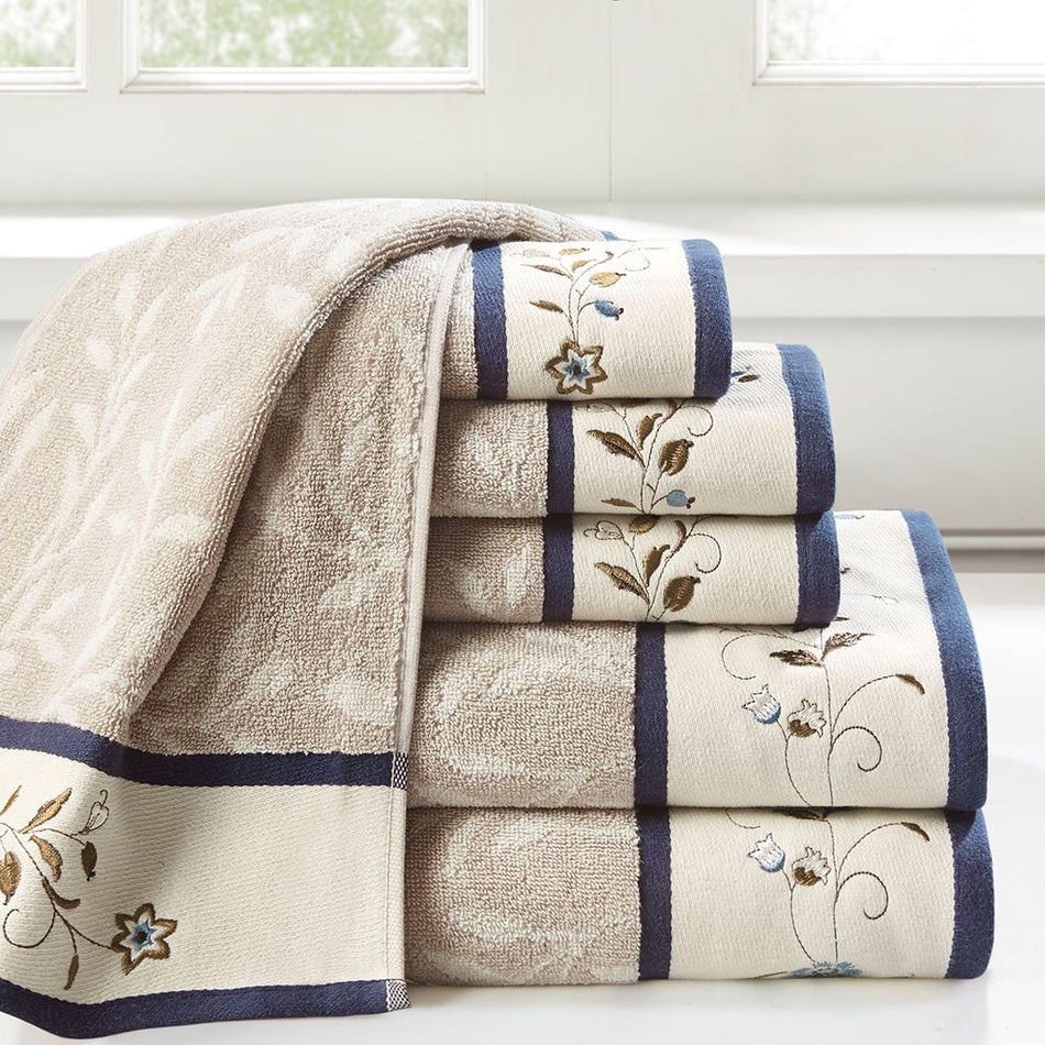 Madison Park Serene Embroidered Cotton Jacquard 6 Piece Towel Set - Navy