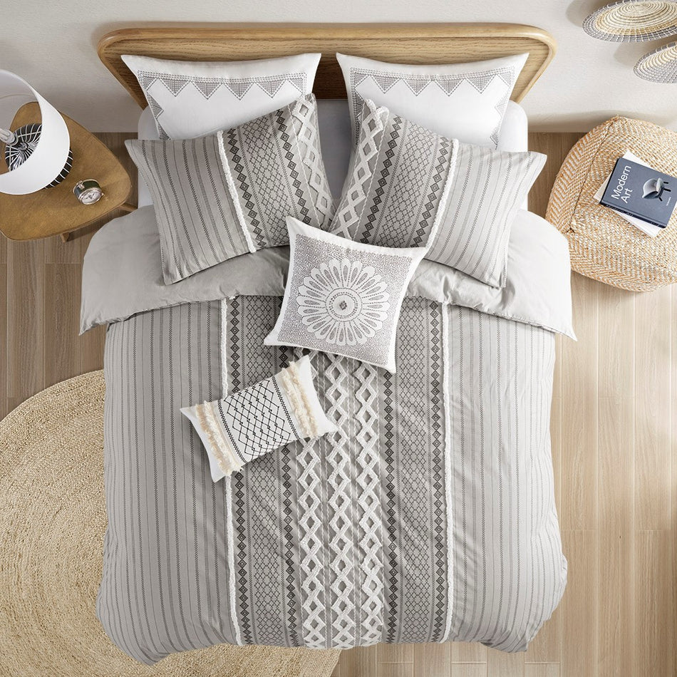 Imani Cotton Printed Comforter Set w/ Chenille - Gray - Full Size / Queen Size