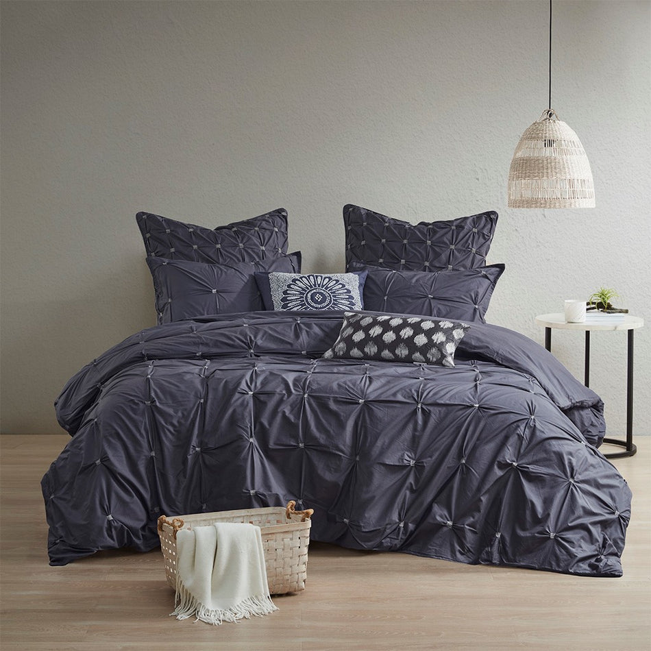 Masie 3 Piece Elastic Embroidered Cotton Duvet Cover Set - Navy - King Size / Cal King Size