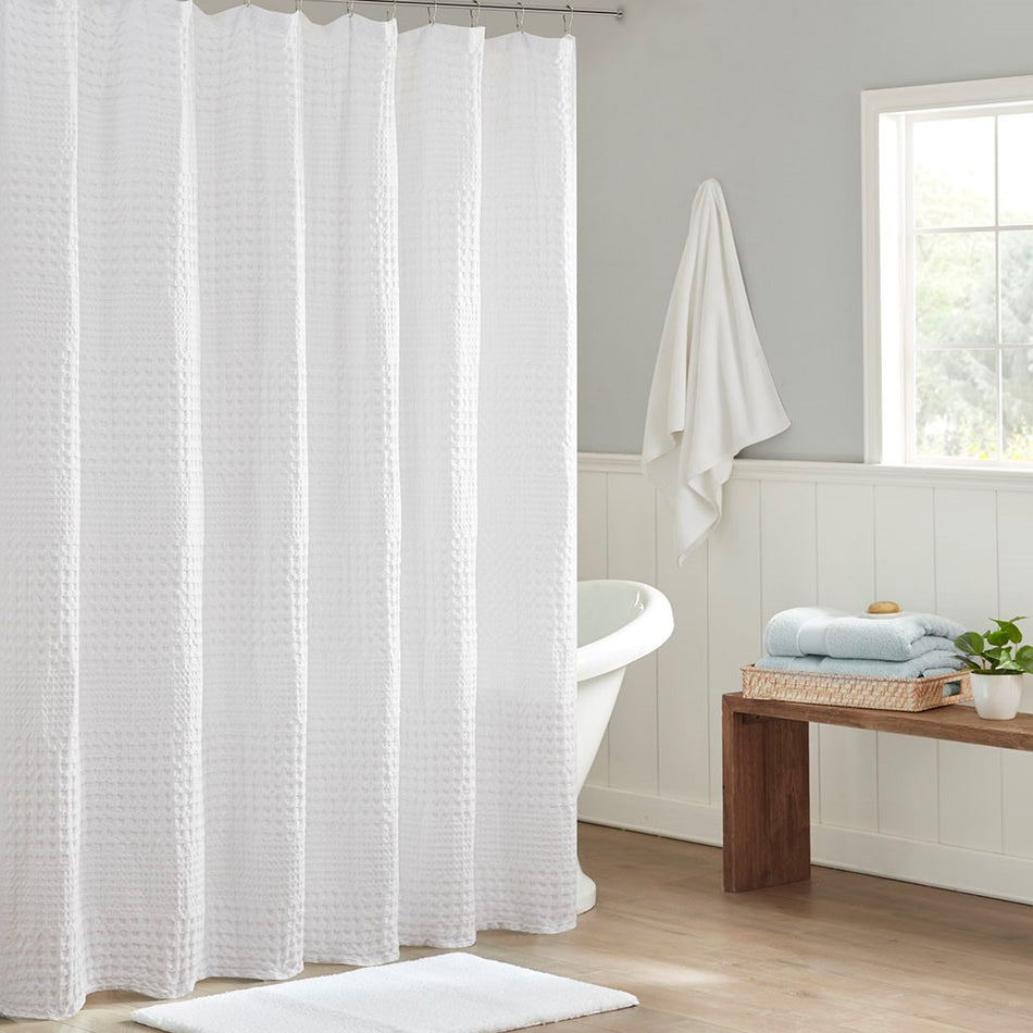 Madison Park Arlo Super Waffle Textured Solid Shower Curtain - White - 72x72"