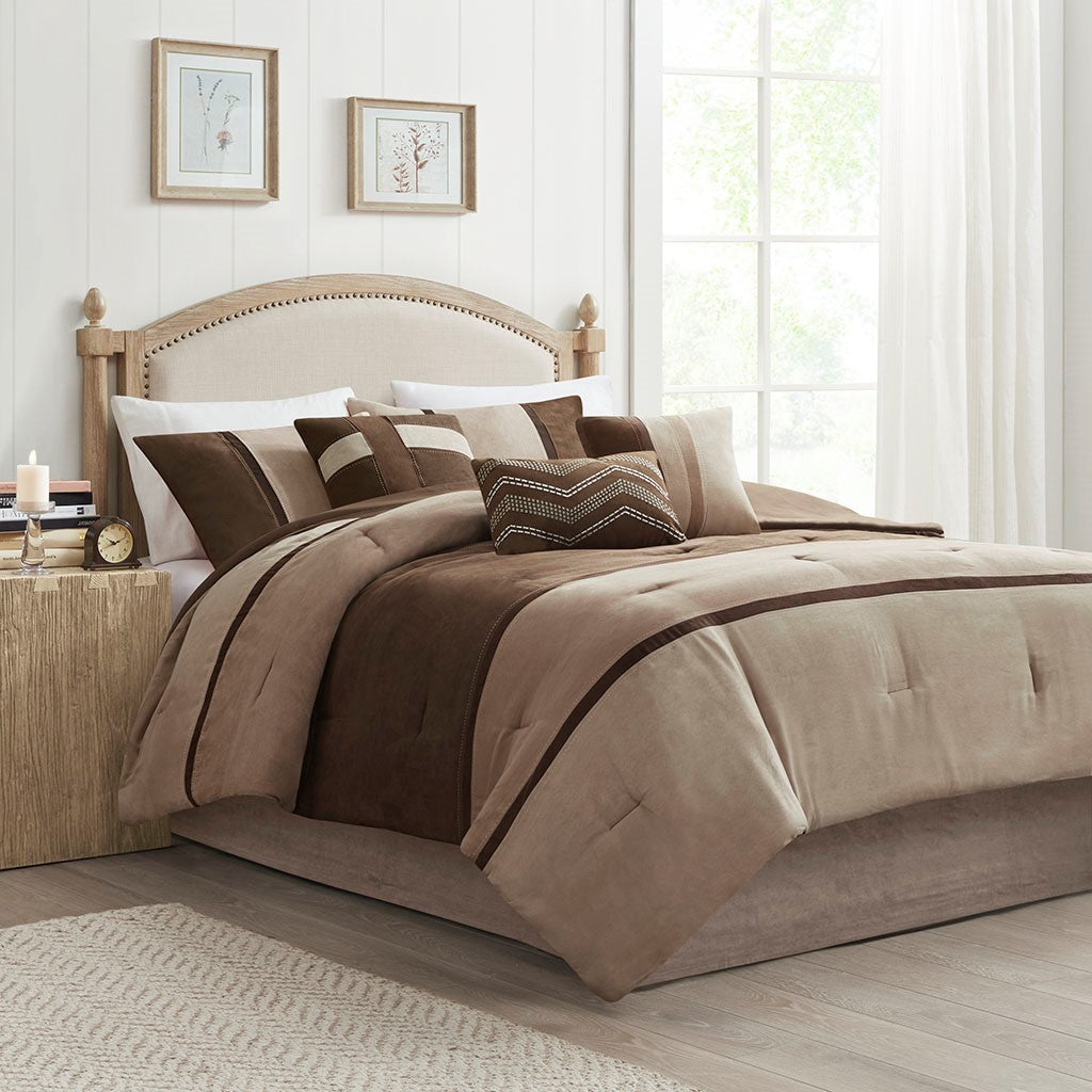 Madison Park Palisades 7 Piece Faux Suede Comforter Set - Brown - Cal King Size