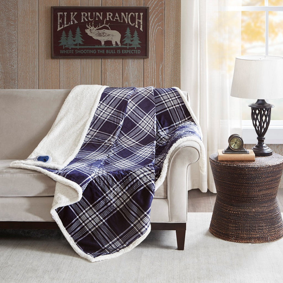 Woolrich Leeds Oversized Plaid Print Faux Mink to Berber Heated Throw - Navy - 60x70"