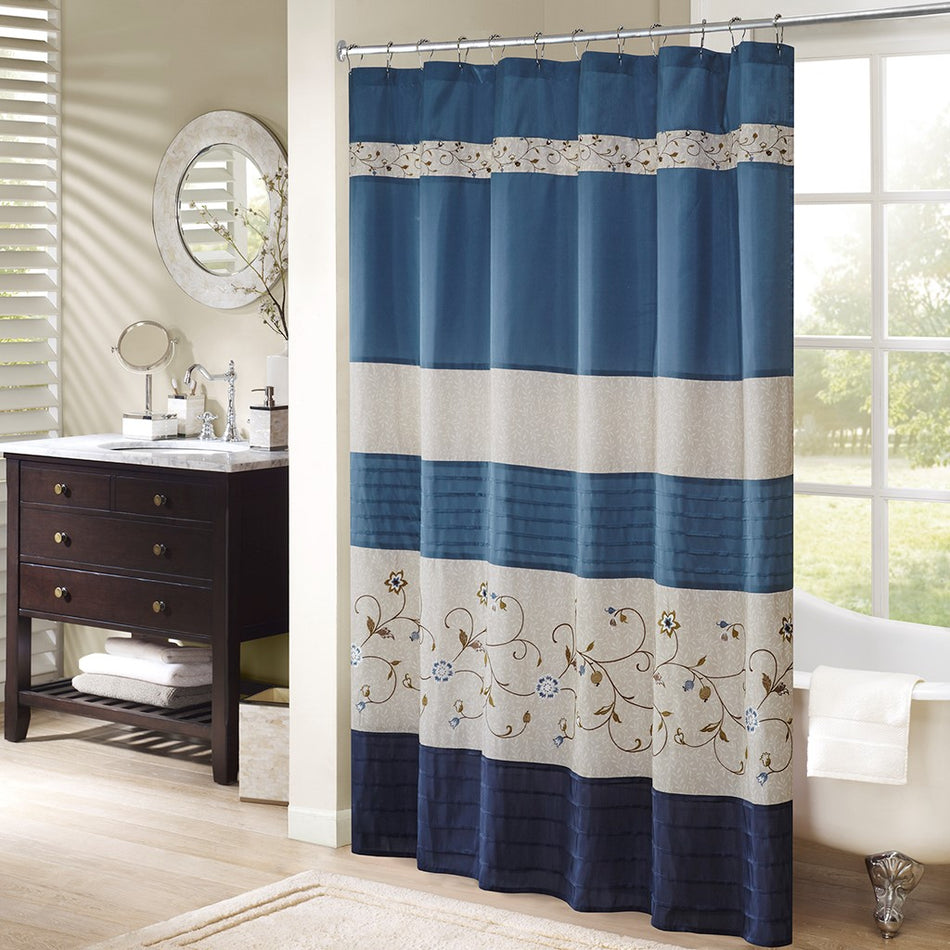 Madison Park Serene Faux Silk Embroidered Floral Shower Curtain - Navy - 72x72"