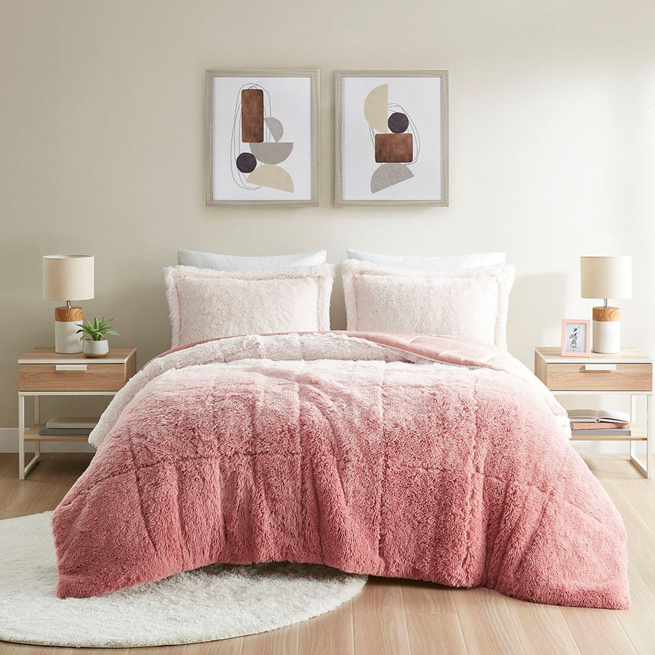 Brielle Ombre Shaggy Long Fur Comforter Mini Set - Blush - Full Size / Queen Size