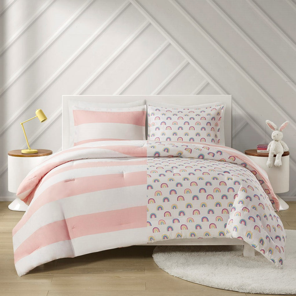 Sammie Cotton Cabana Stripe Reversible Comforter Set with Rainbow Reverse - Pink - Full Size / Queen Size