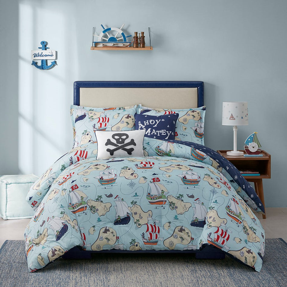 Pirate Adventure Cotton Reversible Comforter Set - Blue - Twin Size