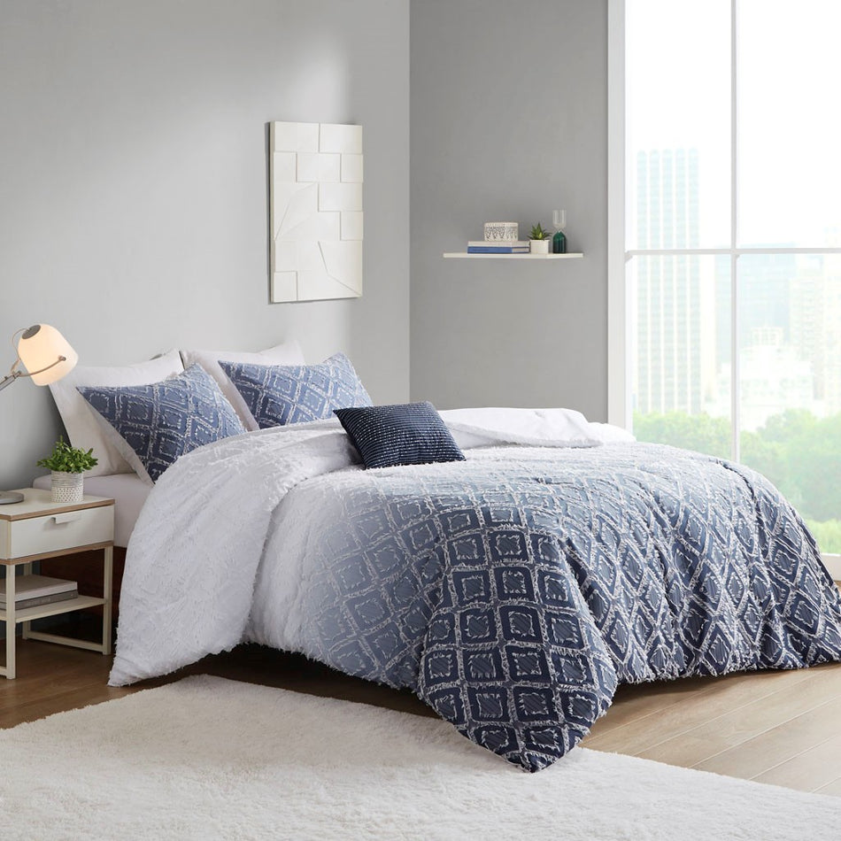 Intelligent Design Ava Ombre Printed Clipped Jacquard Comforter Set - Navy - Full Size / Queen Size