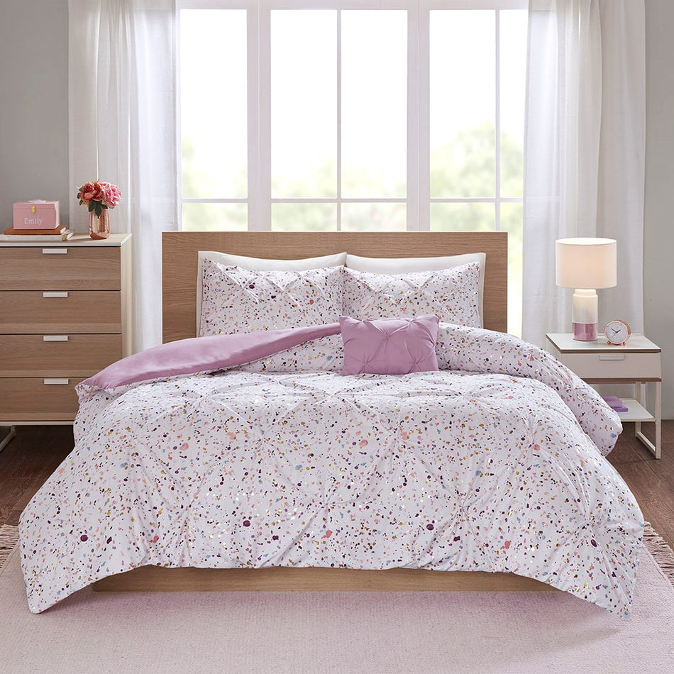 Intelligent Design  Abby Metallic Printed and Pintucked Duvet Cover Set - Plum  - Twin Size / Twin XL Size Shop Online & Save - ExpressHomeDirect.com