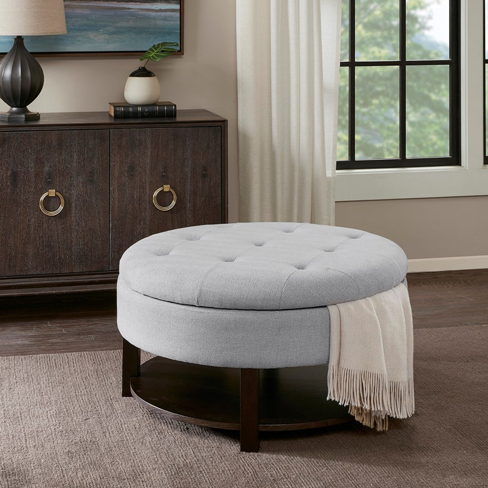 Madison Park Miller Round Storage Ottoman - Light Grey / Brown