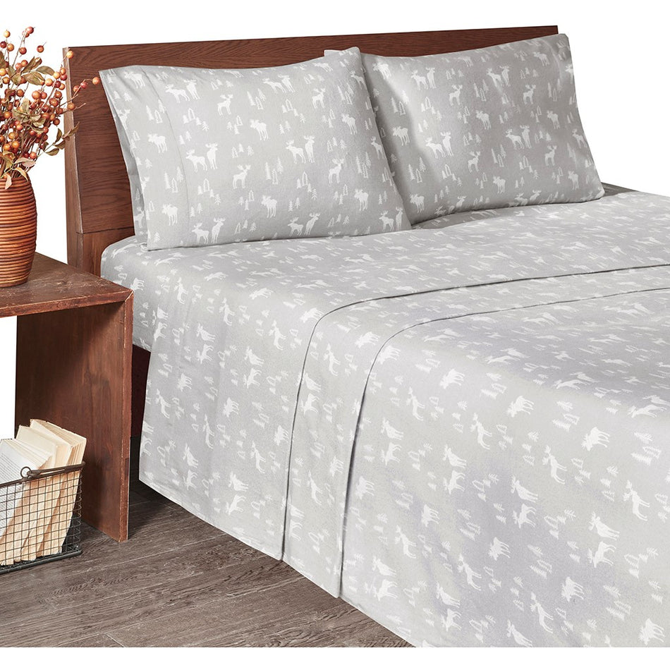Cotton Flannel Sheet Set - Grey Moose - Queen Size