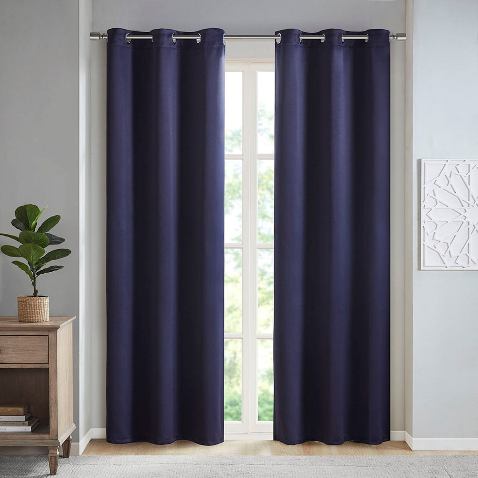 SunSmart Taren Solid Blackout Triple Weave Grommet Top Curtain Panel Pair - Navy - 42x63"
