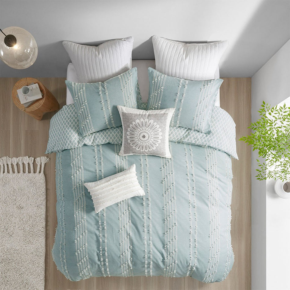Kara 3 Piece Cotton Jacquard Comforter Set - Aqua - Full Size / Queen Size