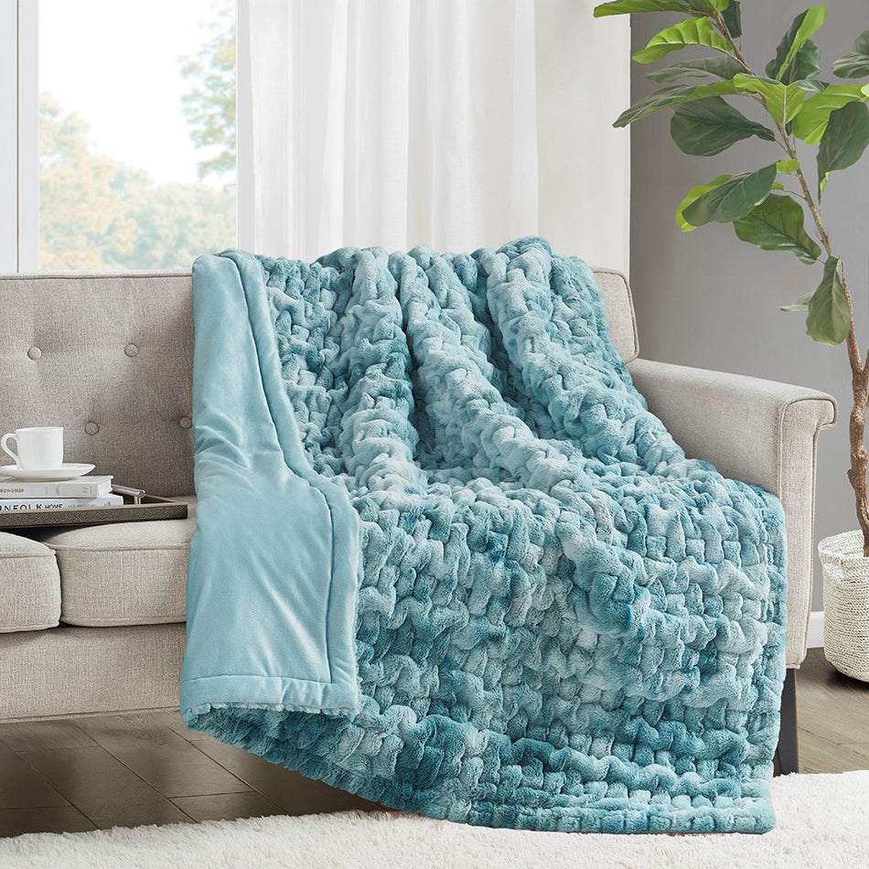 Madison Park Ruched Fur Throw - Blue Tie Dye - 50x60"