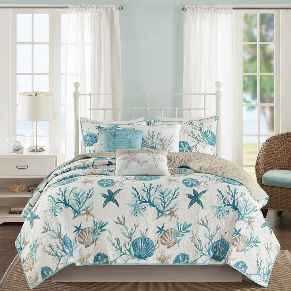 Pebble Beach 6 Piece Cotton Sateen Quilt Set with Throw Pillows - Aqua - Full Size / Queen Size