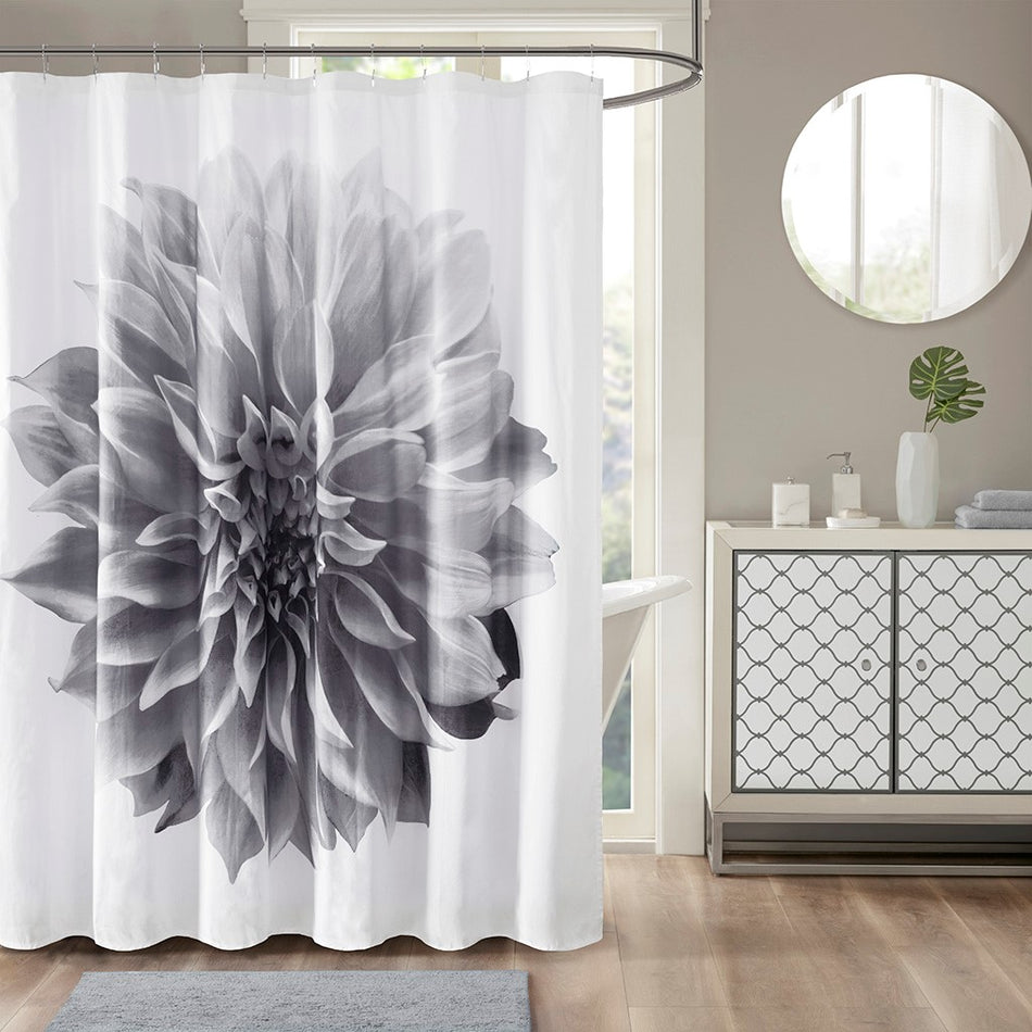 Madison Park Norah Printed Floral Cotton Shower Curtain - Grey - 72x72"