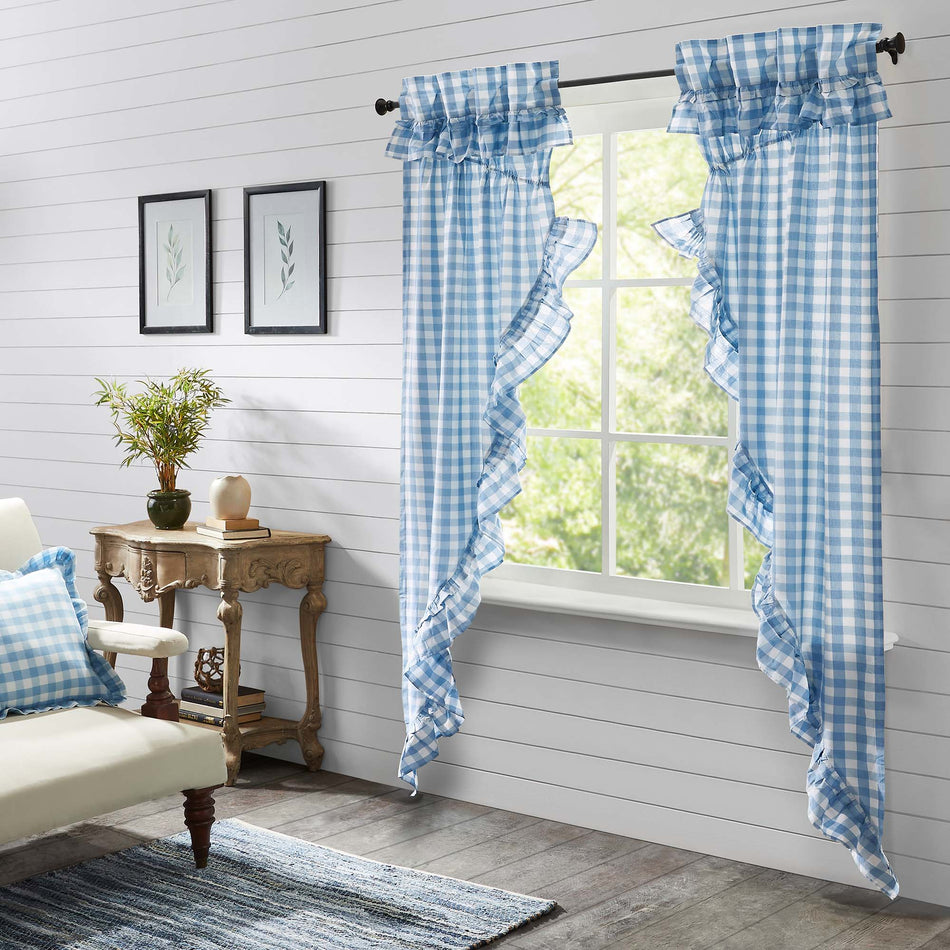 April & Olive Annie Buffalo Blue Check Ruffled Prairie Long Panel Set of 2 84x36x18 By VHC Brands