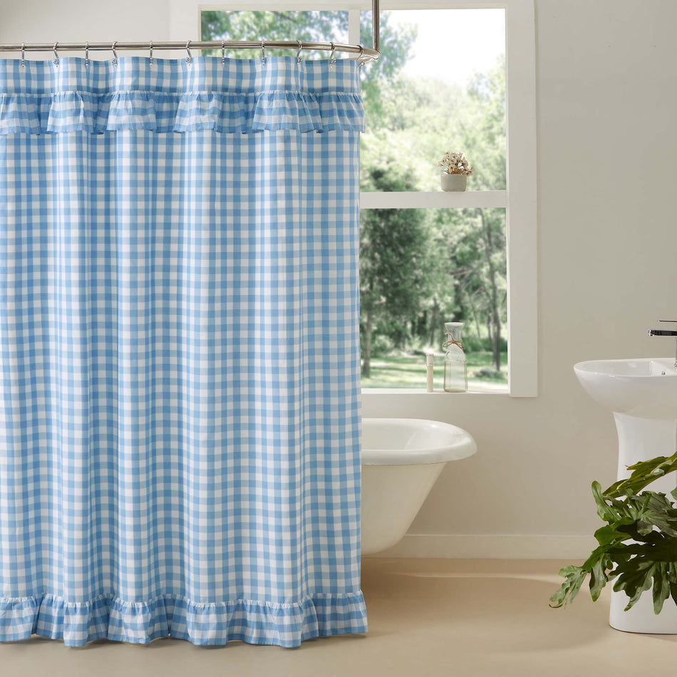 April & Olive Annie Buffalo Blue Check Ruffled Shower Curtain 72x72 By VHC Brands
