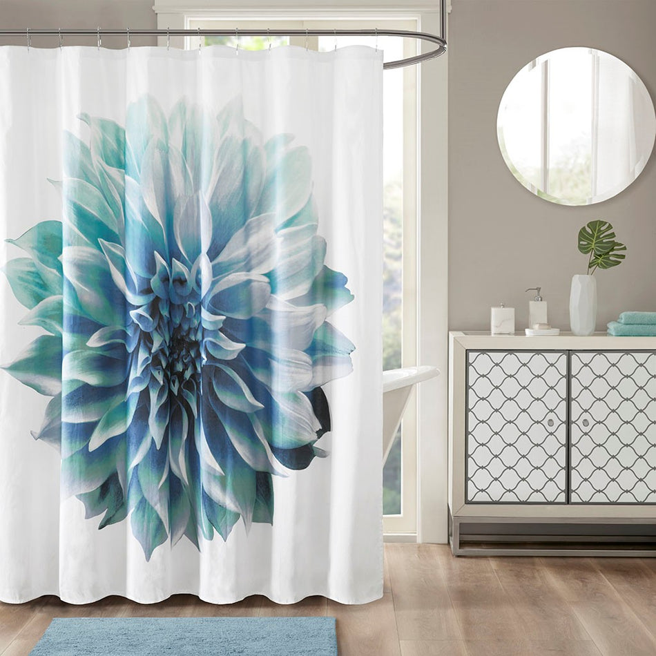Madison Park Norah Printed Floral Cotton Shower Curtain - Aqua - 72x72"