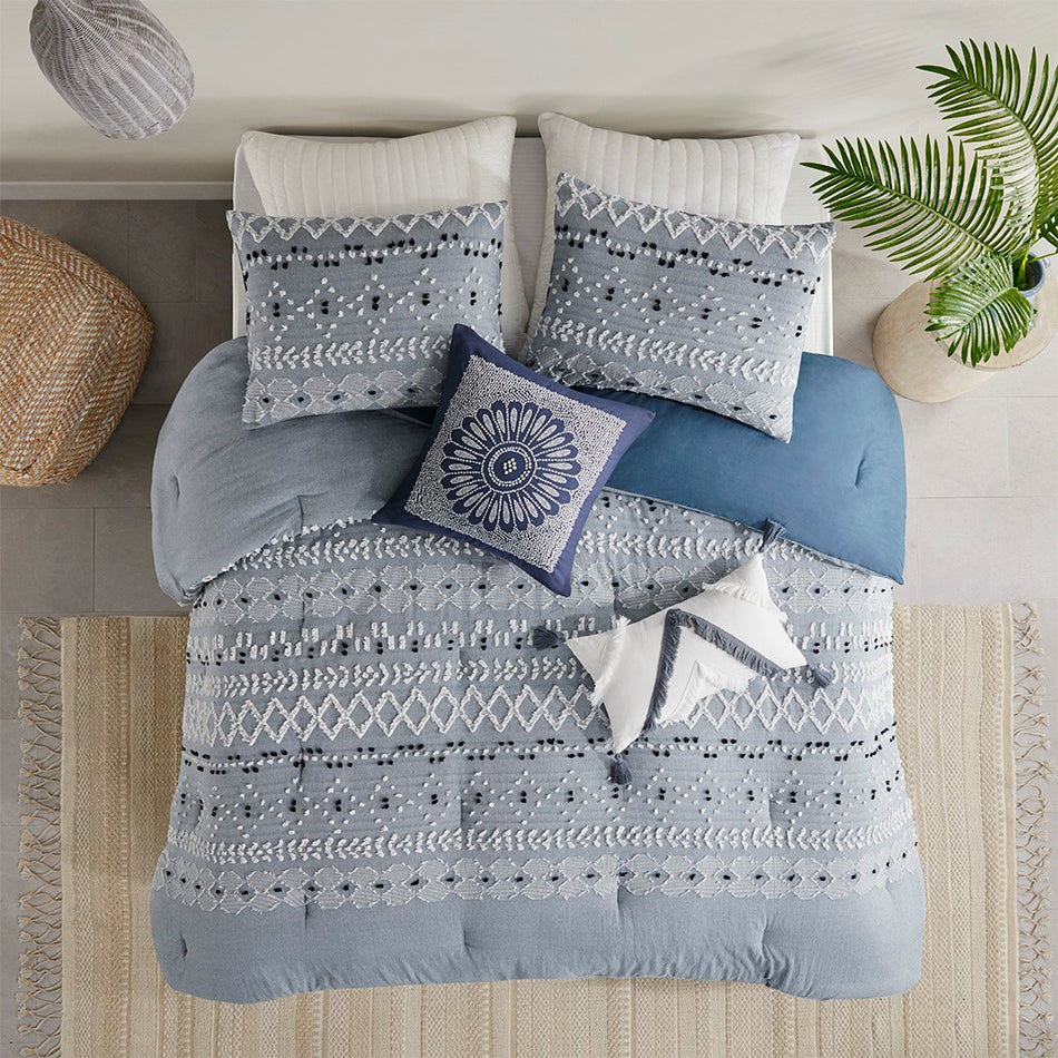 Dora Organic Cotton Chambray 3 Piece Comforter Set - Blue - Full Size / Queen Size