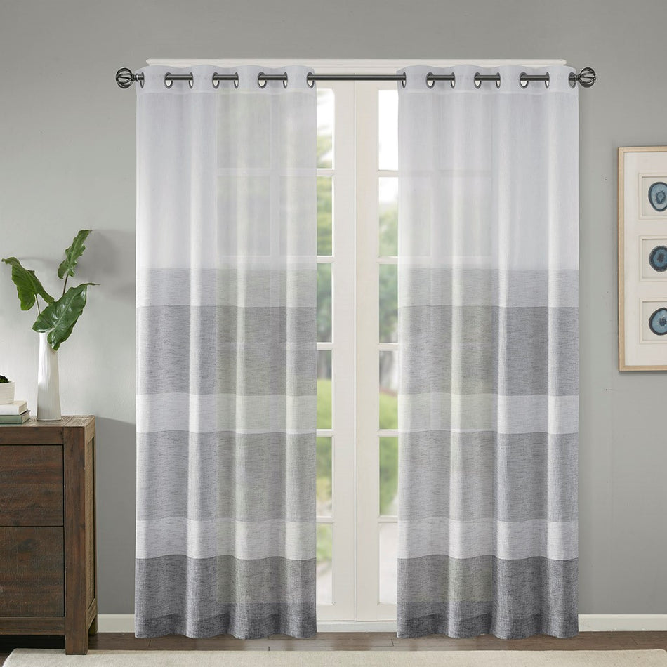 Madison Park Hayden Woven Faux Linen Striped Window Sheer - Grey - 50x84"