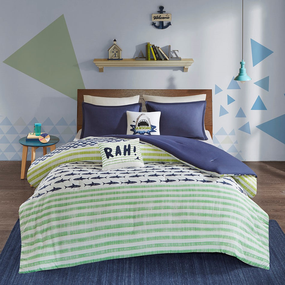 Finn Shark Cotton Comforter Set - Green / Navy - Twin Size