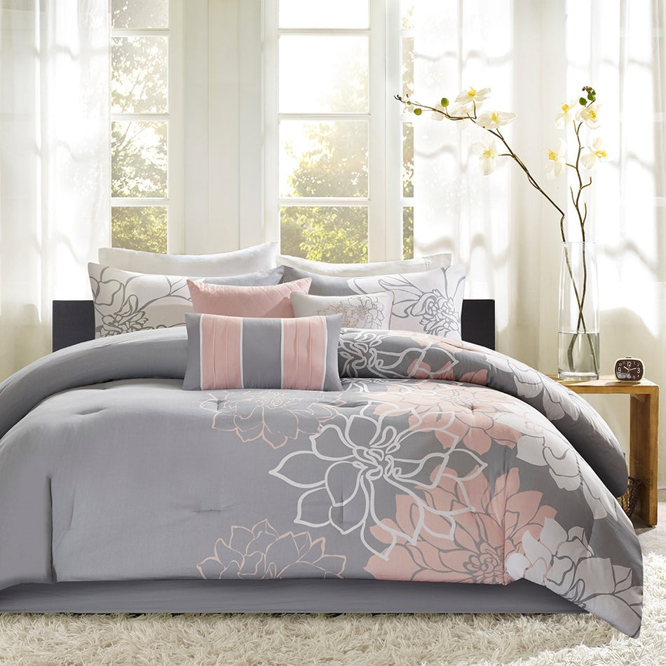 Lola Comforter Set - Grey / Blush - Twin Size / Twin XL Size