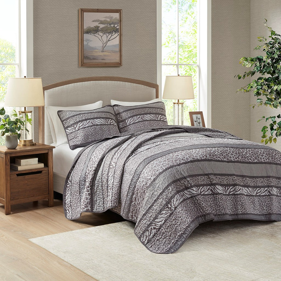 Seri 3 Piece Reversible Jacquard Coverlet Set - Gray - Full Size / Queen Size