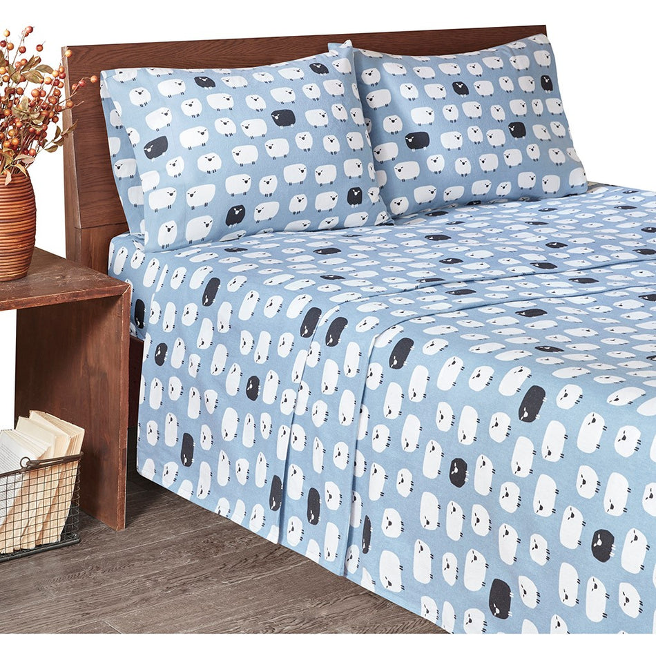 Cotton Flannel Sheet Set - Blue Sheep - Cal King Size