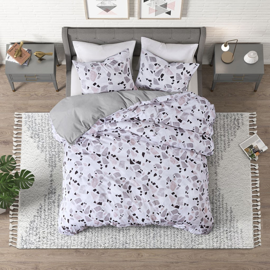 Terrazzo Cotton Printed Duvet Cover Set - Blush / Grey - Full Size / Queen Size