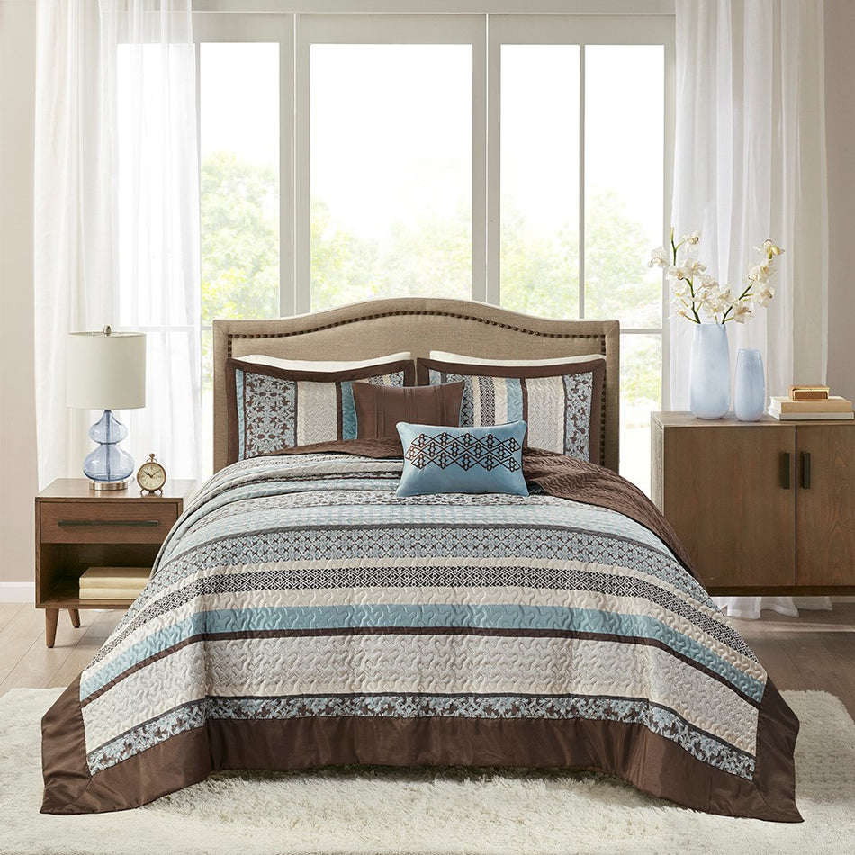 Princeton 5 Piece Reversible Jacquard Bedspread Set - Blue - Queen Size