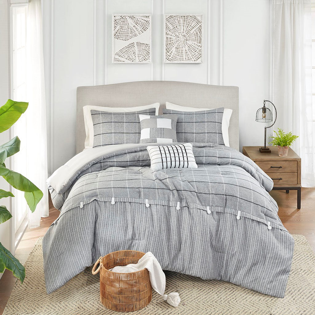 Madison Park Bryson 5 Piece Faux Linen Jacquard Comforter Set - Gray  - King Size / Cal King Size Shop Online & Save - ExpressHomeDirect.com