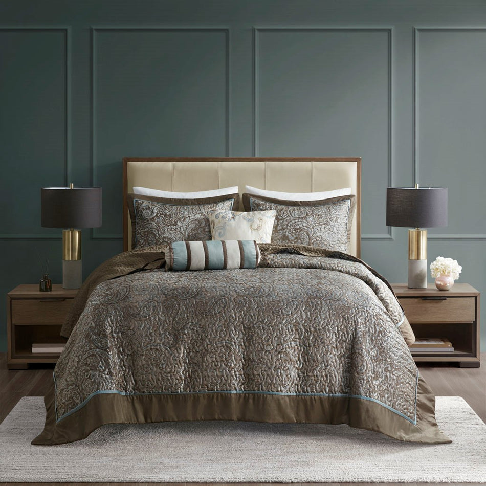 Aubrey 5 Piece Reversible Jacquard Bedspread Set - Blue / Brown - Queen Size