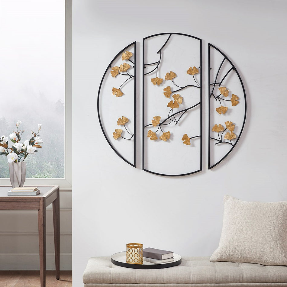 Madison Park Golden Gingko Leaves Metal Wall Decor 3pc Set - Black / Gold