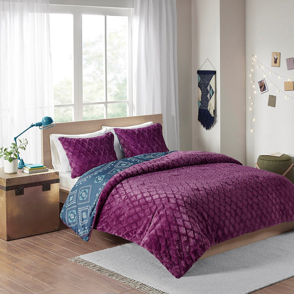 Ripley Reversible Comforter Mini Set - Navy / Purple - Twin Size