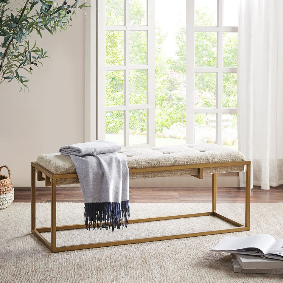 Madison Park Greenwich Button-tufted Upholstered Metal Base Accent Bench - Brown / Antique Bronze