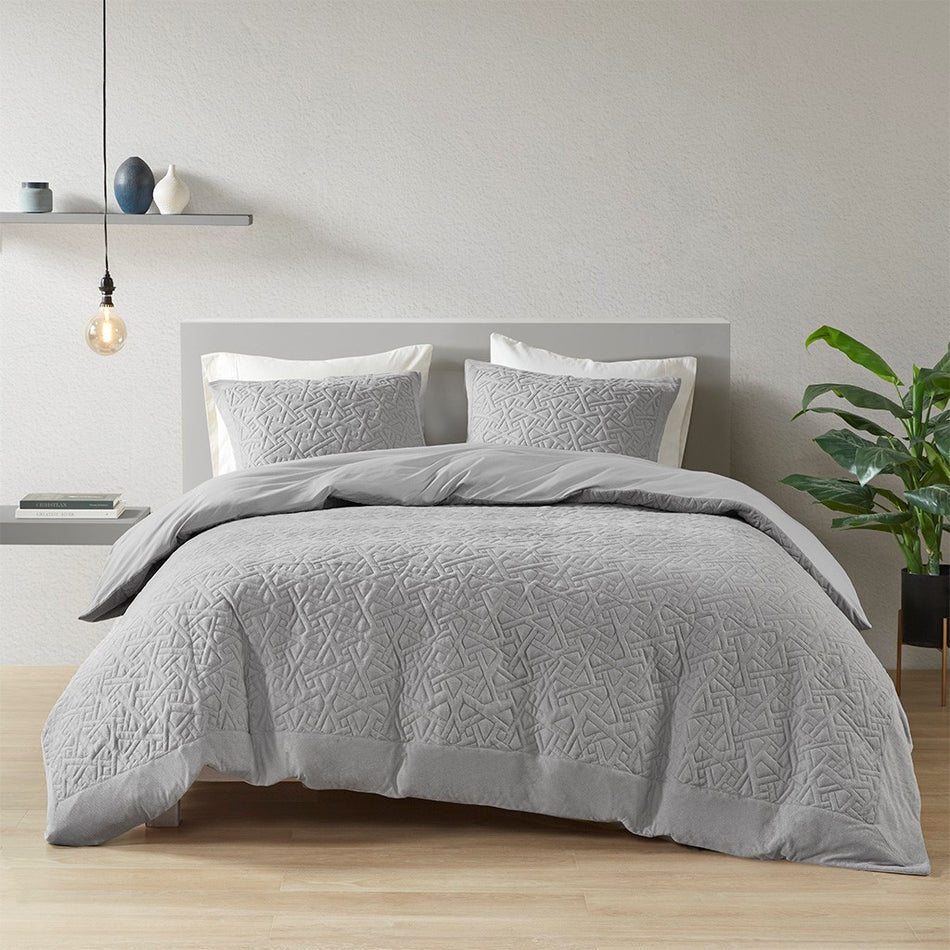 N Natori Origami 3 Piece Oversized Knit Quilted Top Comforter Mini Set - Grey - King Size / Cal King Size