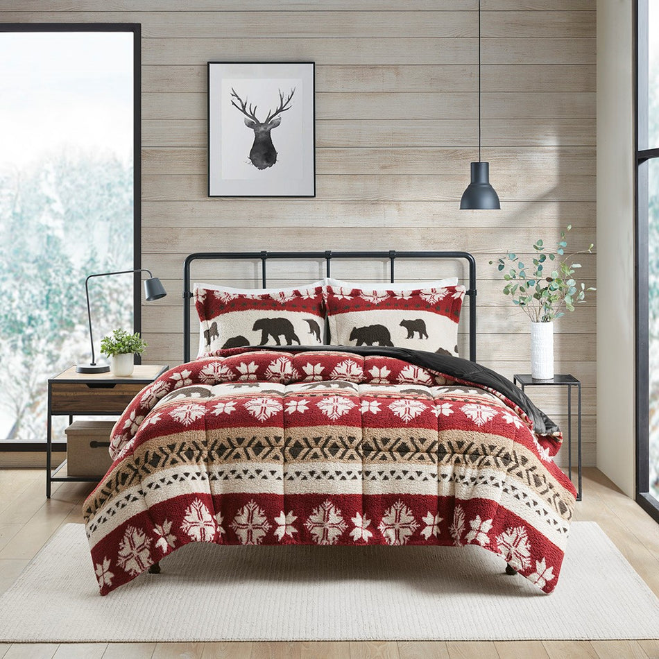 Woolrich Tunbridge Print Sherpa Comforter Set - Red / Black  - King Size / Cal King Size Shop Online & Save - ExpressHomeDirect.com
