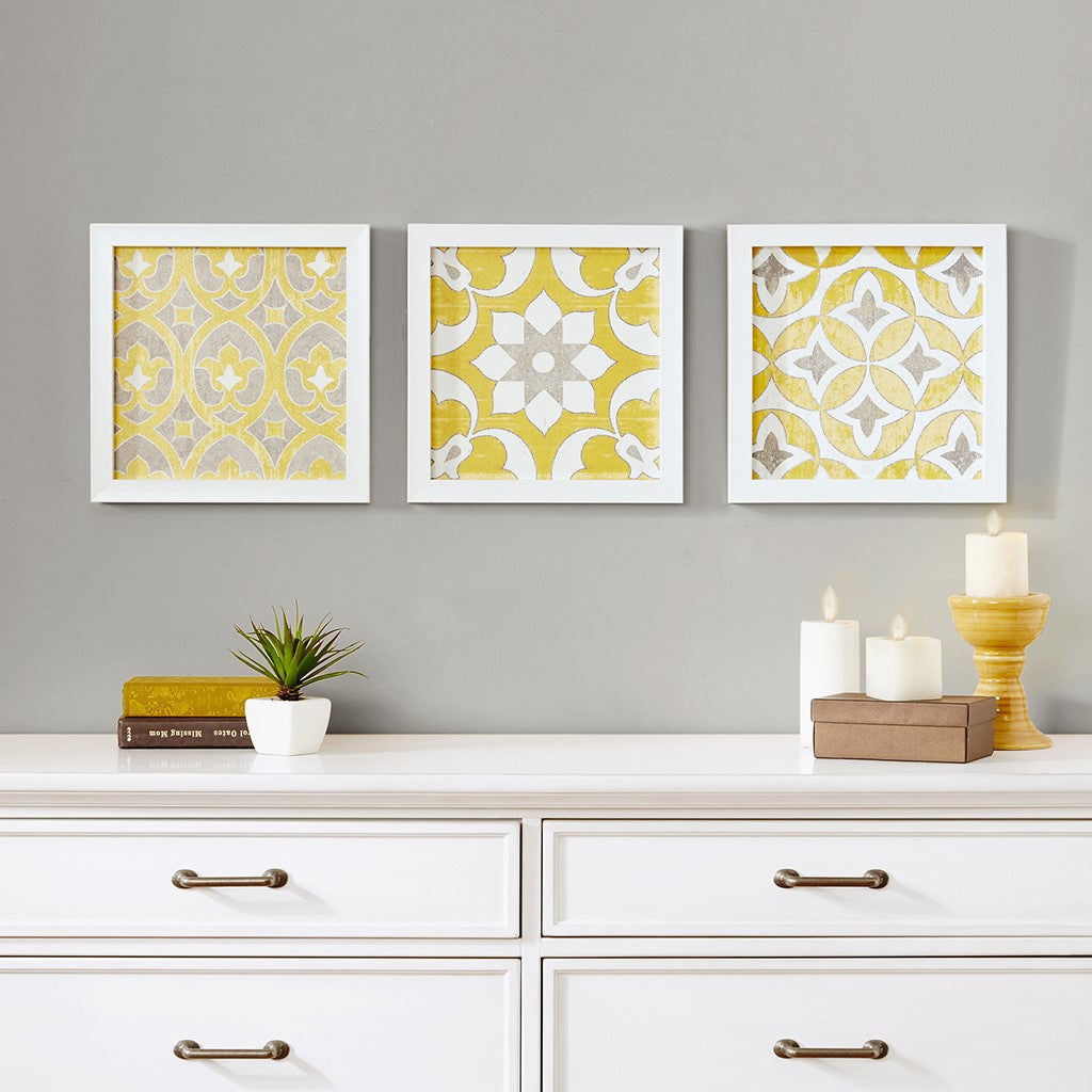 Madison Park Patterned Tiles Paper Printed with Gel Coat and Framed Wall Decor 3 Piece Set - Yellow