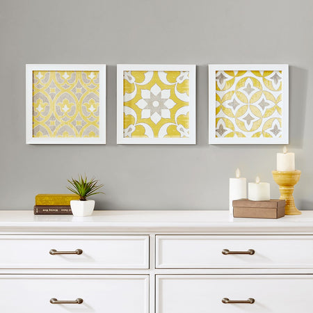 Madison Park Patterned Tiles Paper Printed with Gel Coat and Framed Wall Decor 3 Piece Set - Yellow