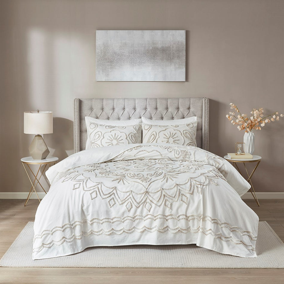 Violette 3 Piece Tufted Cotton Chenille Coverlet Set - Ivory / Taupe - Full Size / Queen Size