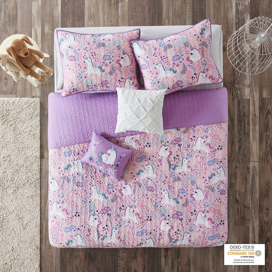 Urban Habitat Kids Lola Unicorn Reversible Cotton Quilt Set with Throw Pillows - Pink - Full Size / Queen Size