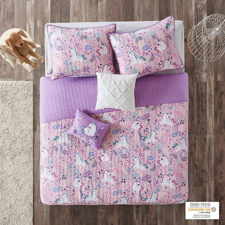 Urban Habitat Kids Lola Unicorn Reversible Cotton Quilt Set with Throw Pillows - Pink - Twin Size