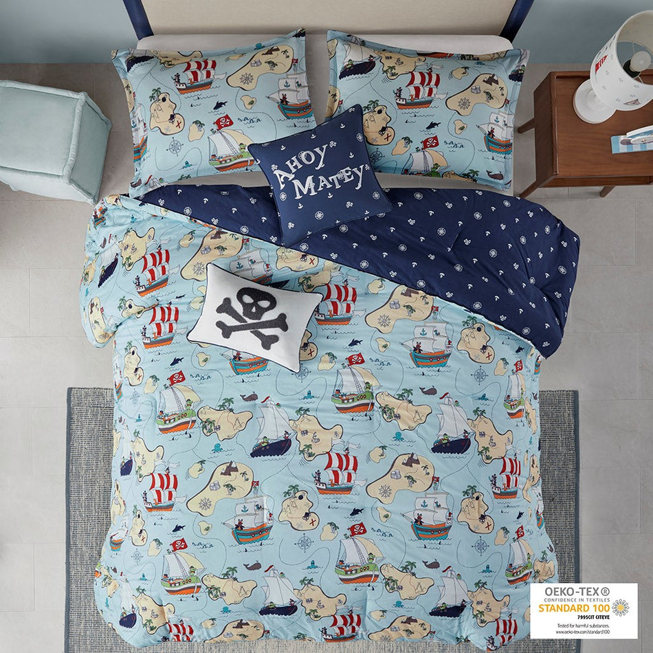 Urban Habitat Kids Pirate Adventure Cotton Reversible Comforter Set - Blue - Twin Size