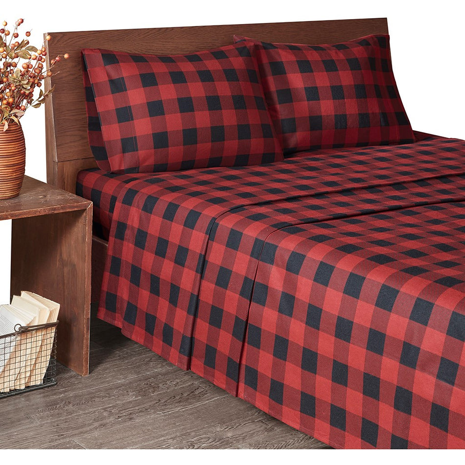Cotton Flannel Sheet Set - Red / Black Buffalo Check - Queen Size