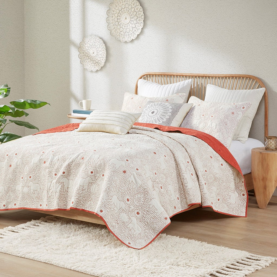 Kandula 3 Piece Reversible Cotton Quilt Set - Coral - Full Size / Queen Size