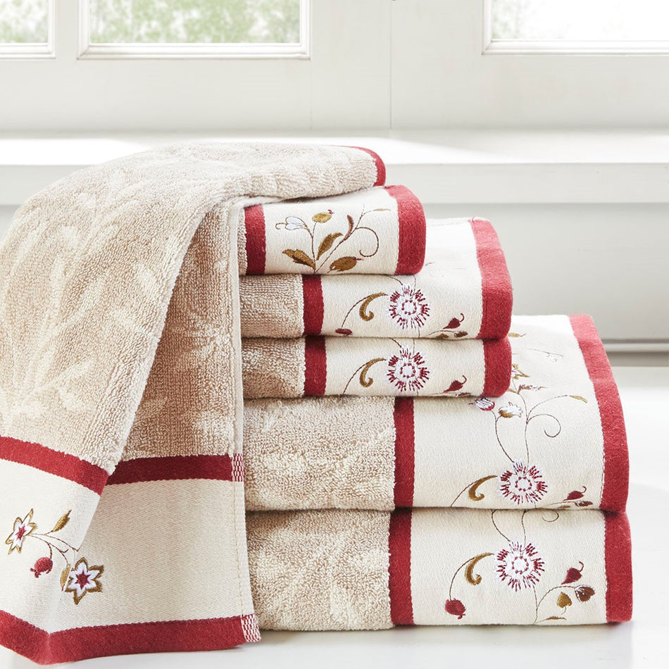 Madison Park Serene Embroidered Cotton Jacquard 6 Piece Towel Set - Red 