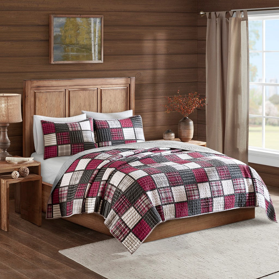 Woolrich Tulsa Oversized Plaid Print Cotton Quilt Set - Red / Grey - King Size / Cal King Size