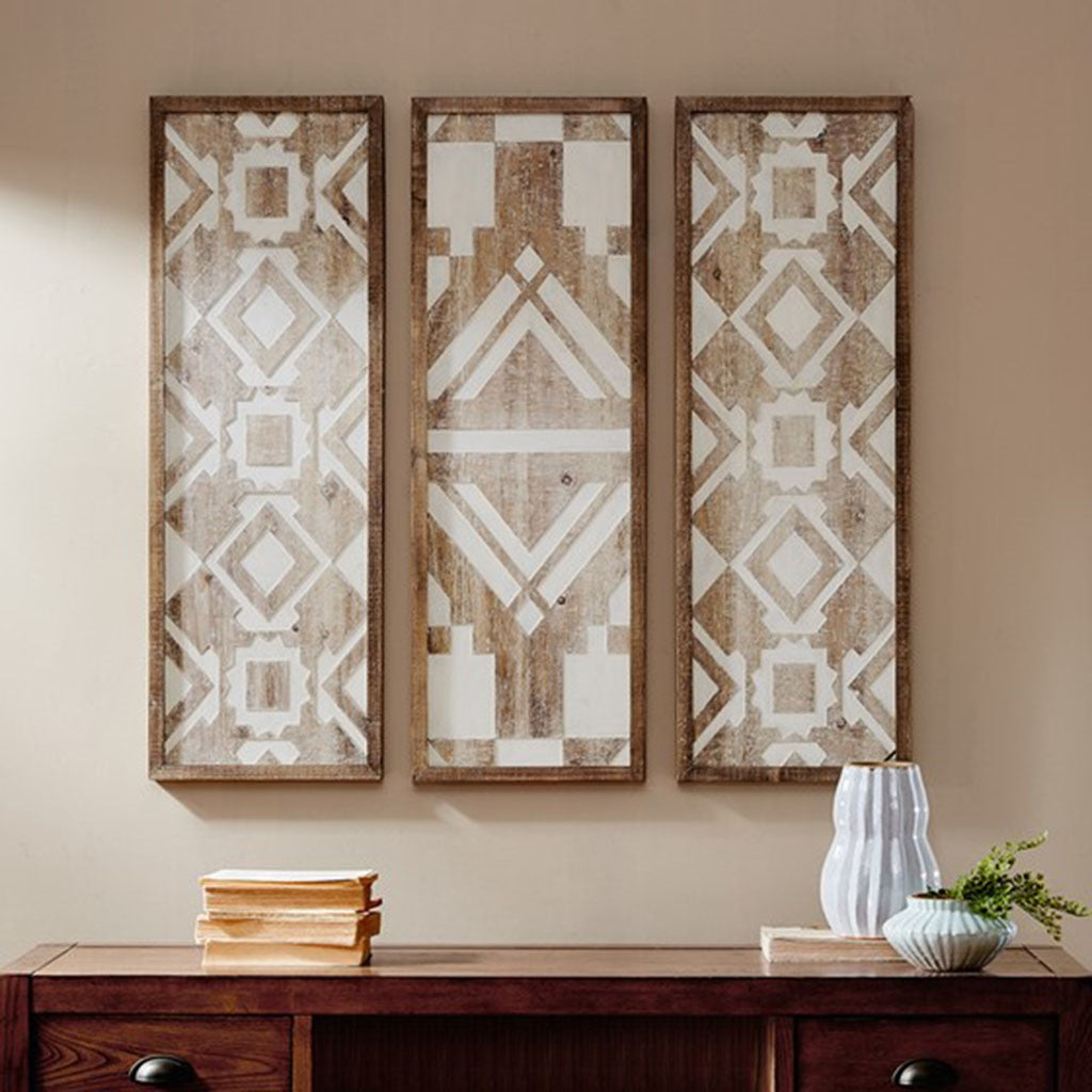 Madison Park Mandal Panel Printed Wood Wall Decor 3 Piece Set - Natural