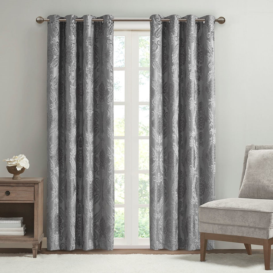 SunSmart Amelia Knitted Jacquard Paisley Total Blackout Grommet Top Curtain Panel - Grey - 95" Panel
