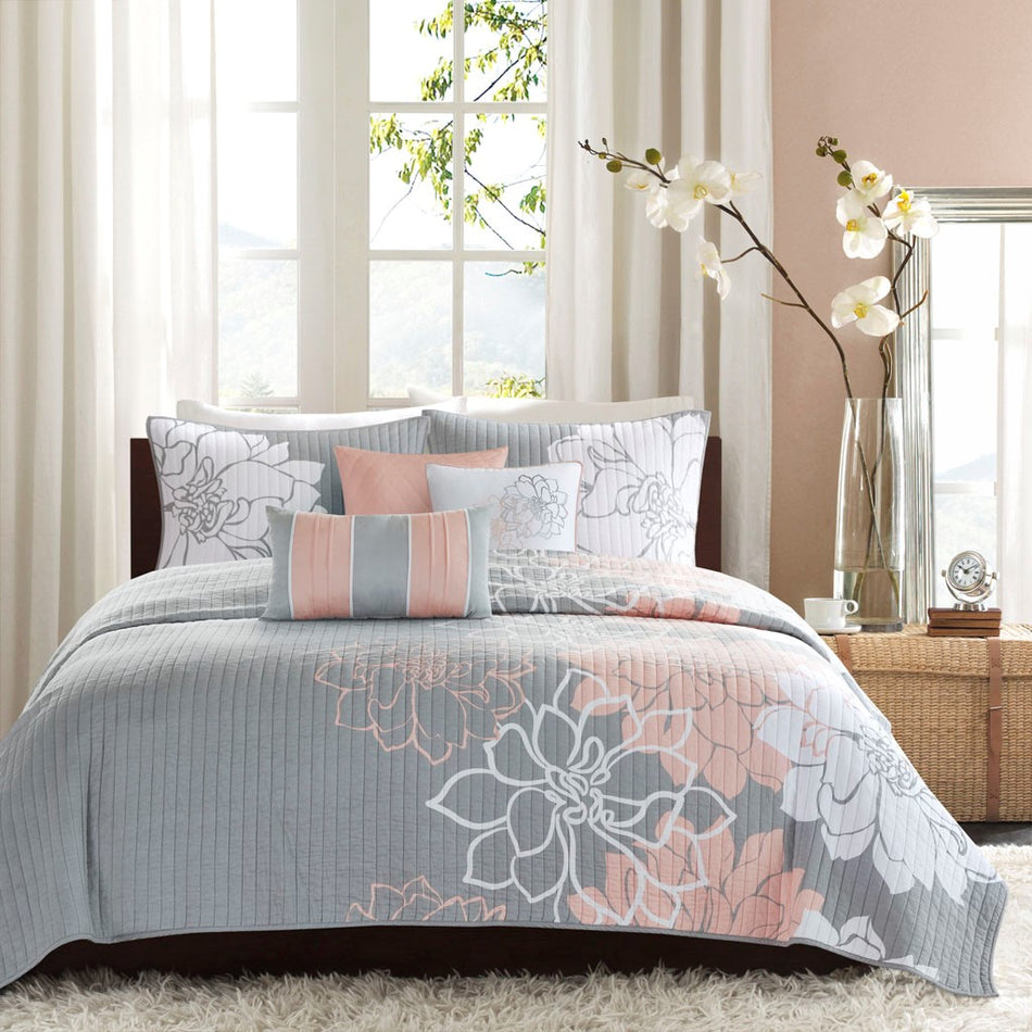 Lola 6 Piece Printed Cotton Quilt Set with Throw Pillows - Grey / Blush - King Size / Cal King Size